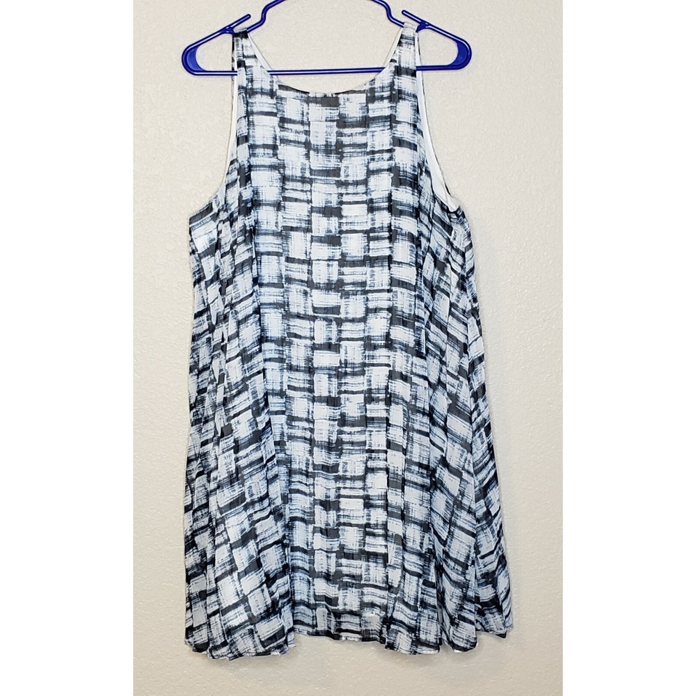 BB Dakota Swing Dress Medium Blue White Print‎ Sleeveless Tie Back Lined